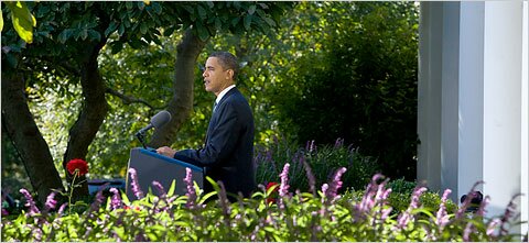 President Obama delivers a speech acknowledging he will accept the 2009 Nobel Peace Prize. Photo courtesy of Stephen Crowley/The New York Times